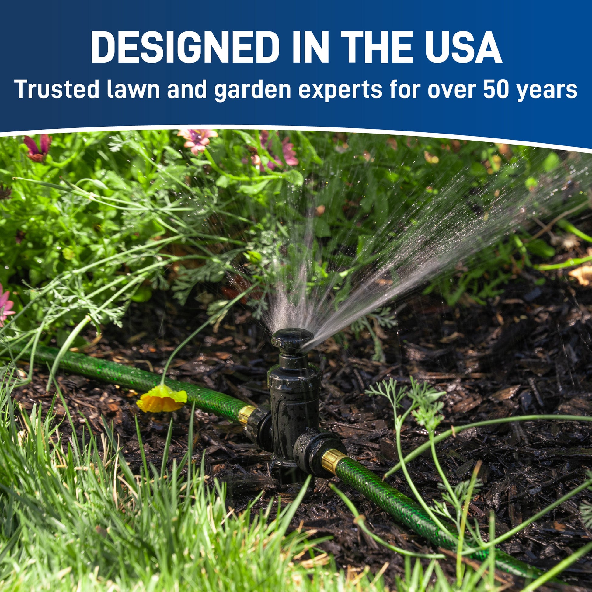 Adjustable Pattern Spot Sprinkler on Spike Orbit Irrigation, black spike with green hose on Tampa Home & Garden Store