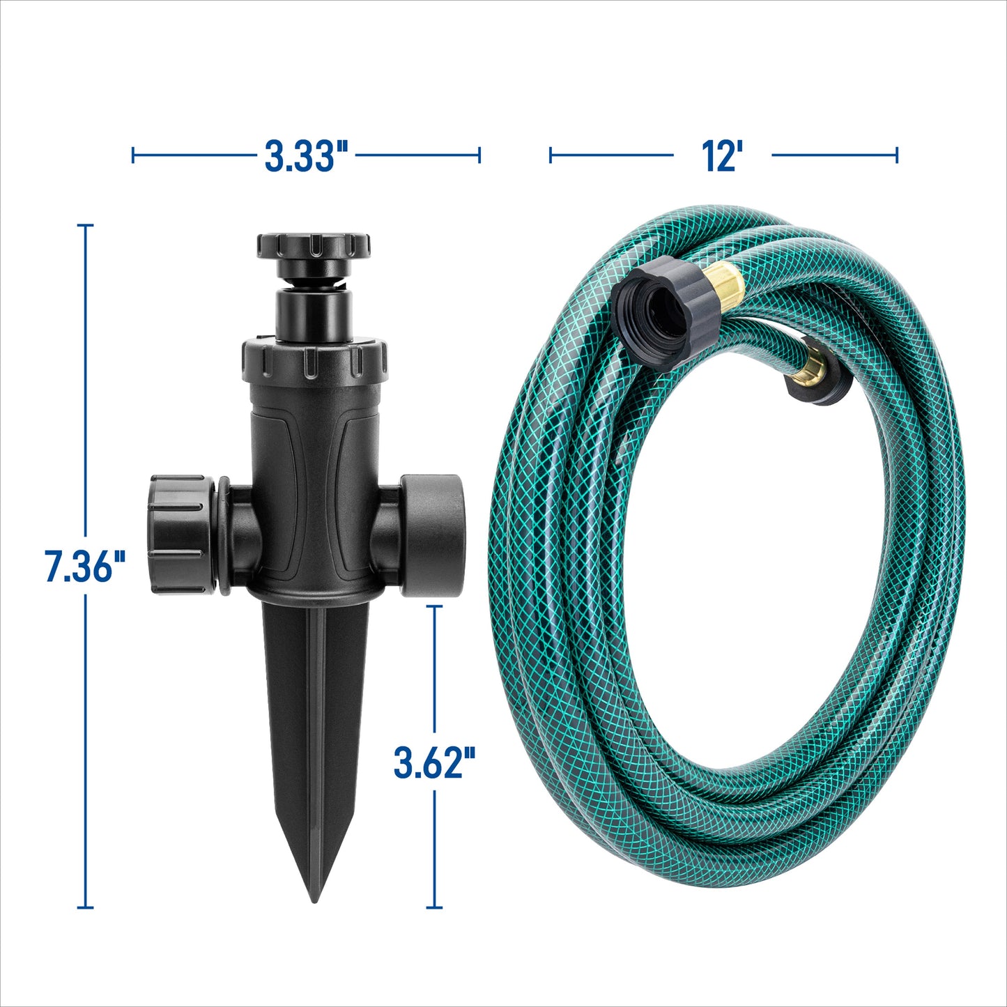 Adjustable Pattern Sprinkler on Spike 29808 Orbit Irrigation with black spike and hose on Tampa Home & Garden Store