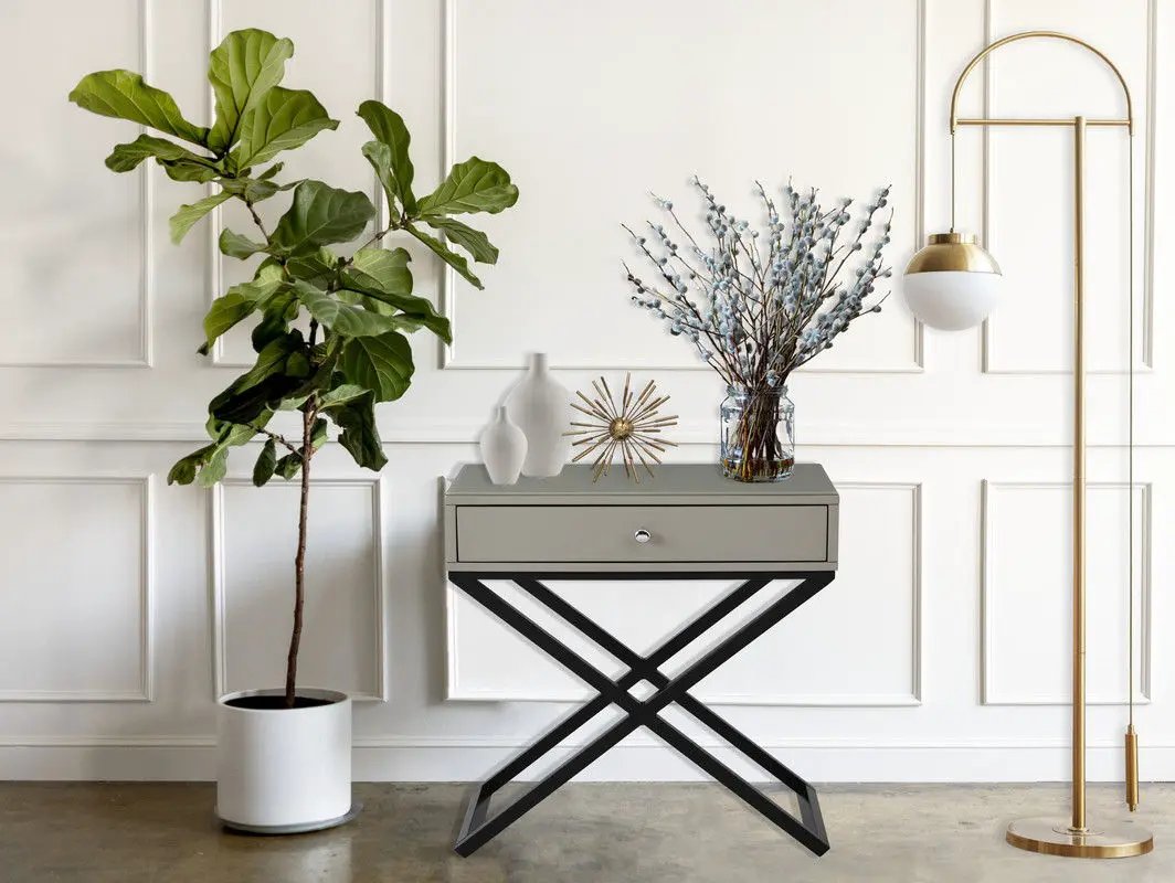 Koda end side table with drawer and black cross base, gray top, in a white paneled room on Tampa Home & Garden Store