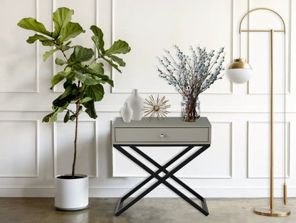 Koda end side table with drawer and black cross base, gray top, in a white paneled room on Tampa Home & Garden Store