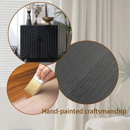 Modern black wood storage cabinet with decorative door featuring embossed circular pattern on Tampa Home & Garden Store