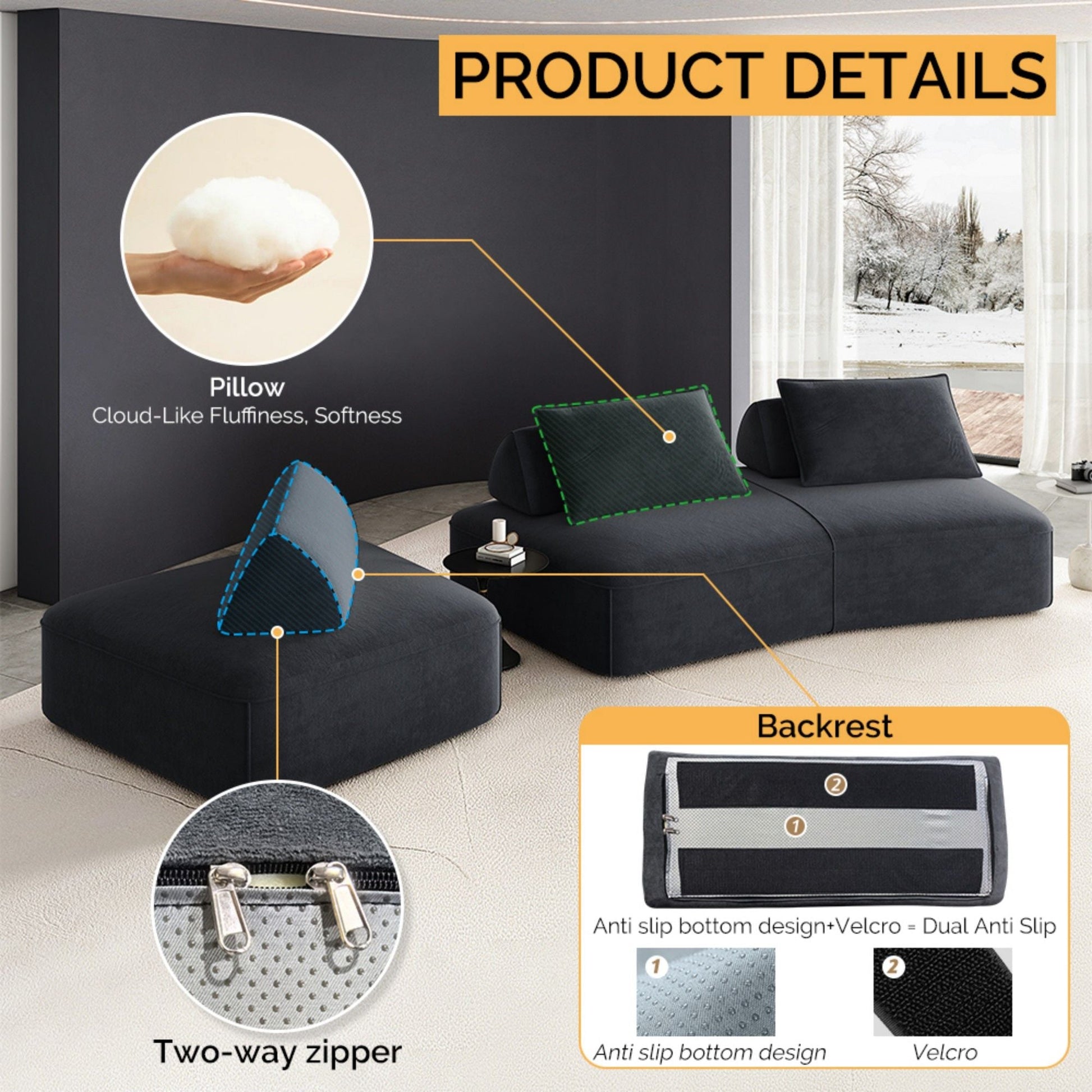 HouseOfZazla Modern Luxury Oversized Modular Sectional Sofa Set, charcoal upholstery pillows on Tampa Home & Garden Store