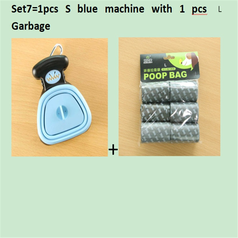 Pet Zen foldable blue dog poop scooper with grey bag pack on display on Tampa Home & Garden Store