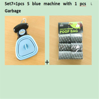 Pet Zen foldable blue dog poop scooper with grey bag pack on display on Tampa Home & Garden Store