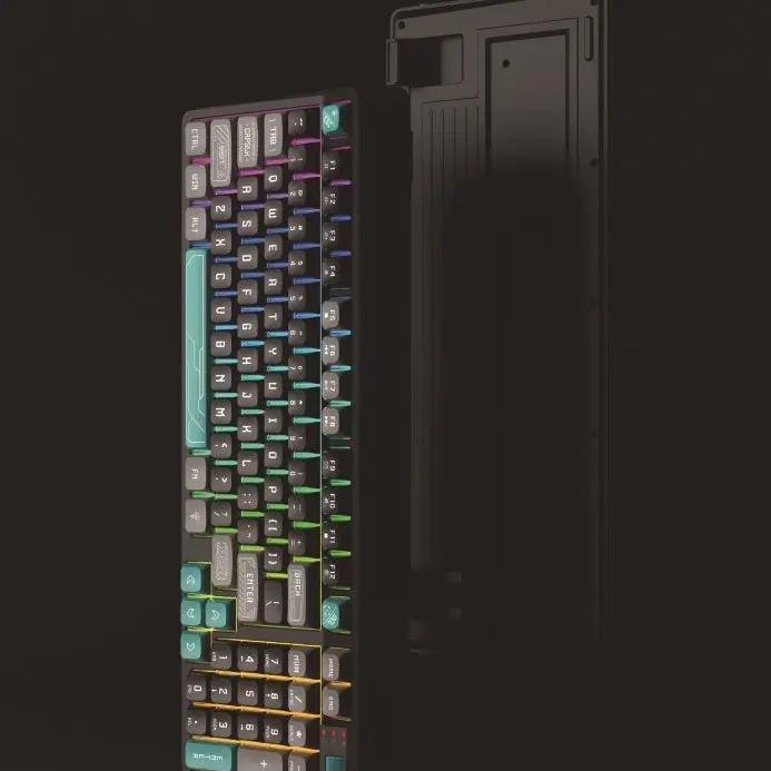 Three-color luminous keyboard with RGB keys beside a dark PC case on Tampa Home & Garden Store