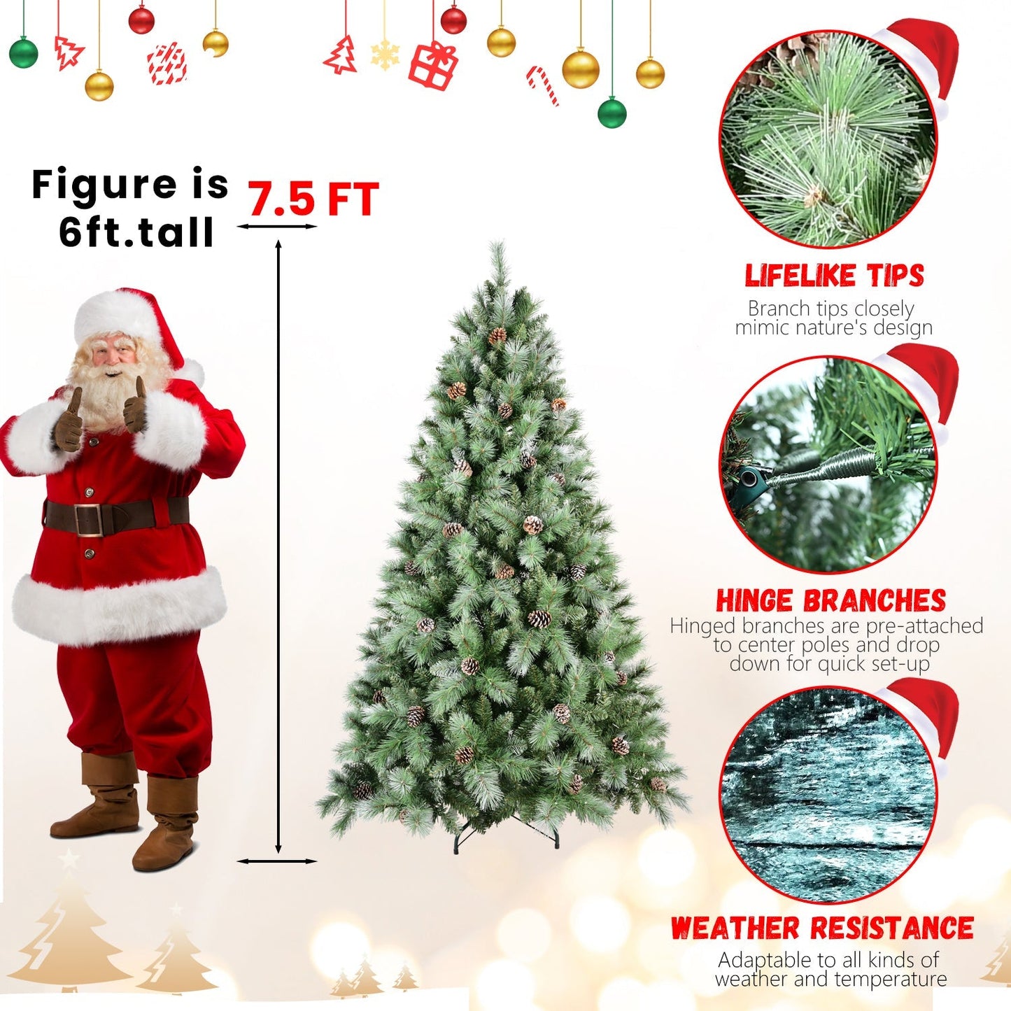 8 ft full-bodied pre-decorated pinecone Christmas tree by HouseOfZazla with hinged branches on Tampa Home & Garden Store
