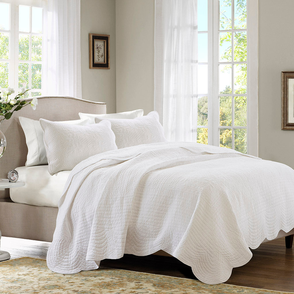 3 Piece Reversible Scalloped Edge Quilt Set White King/Cal King by HouseOfZazla on a white bed on Tampa Home & Garden Store