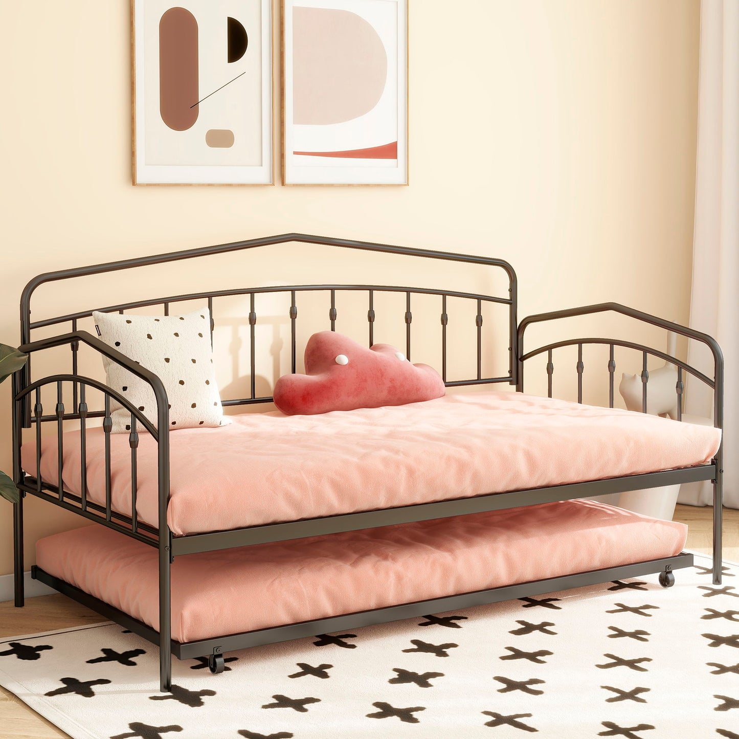 HouseOfZazla Fox daybed with twin trundle, black metal frame, pink bedding and heart pillow on Tampa Home & Garden Store