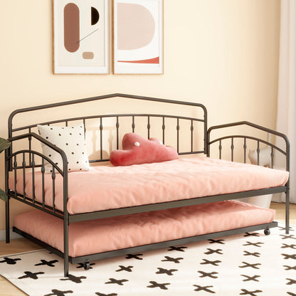 HouseOfZazla Fox daybed with twin trundle, black metal frame, pink bedding and heart pillow on Tampa Home & Garden Store