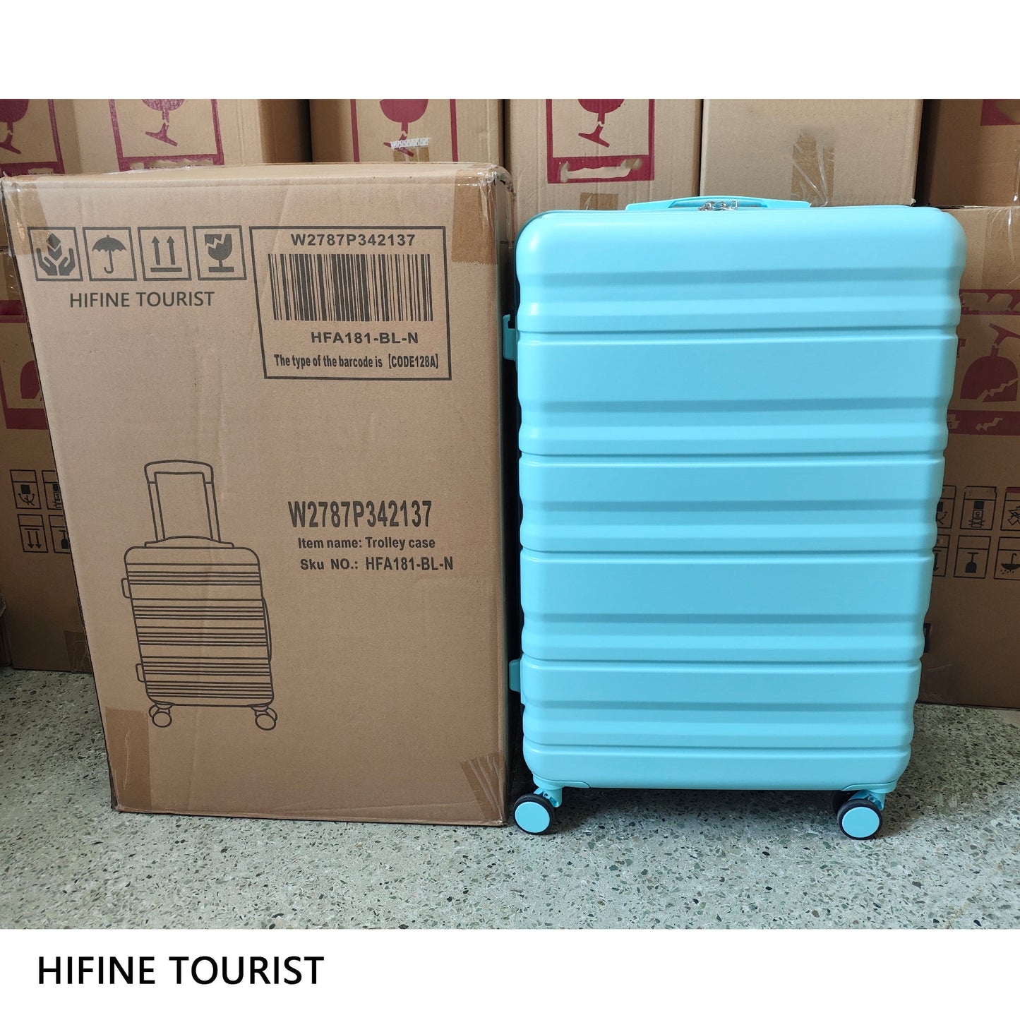 HIFINE Tourist blue ABS spinner luggage case beside a HIFINE TOURIST box on Tampa Home & Garden Store