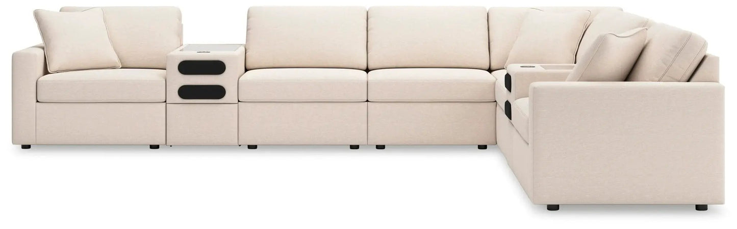 Modmax Oyster sectional in beige fabric with built-in storage console and cupholders on Tampa Home & Garden Store