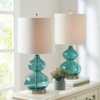 Ellipse Curved Glass Table Lamp, Set of 2 in teal glass with cream fabric shades on Tampa Home & Garden Store