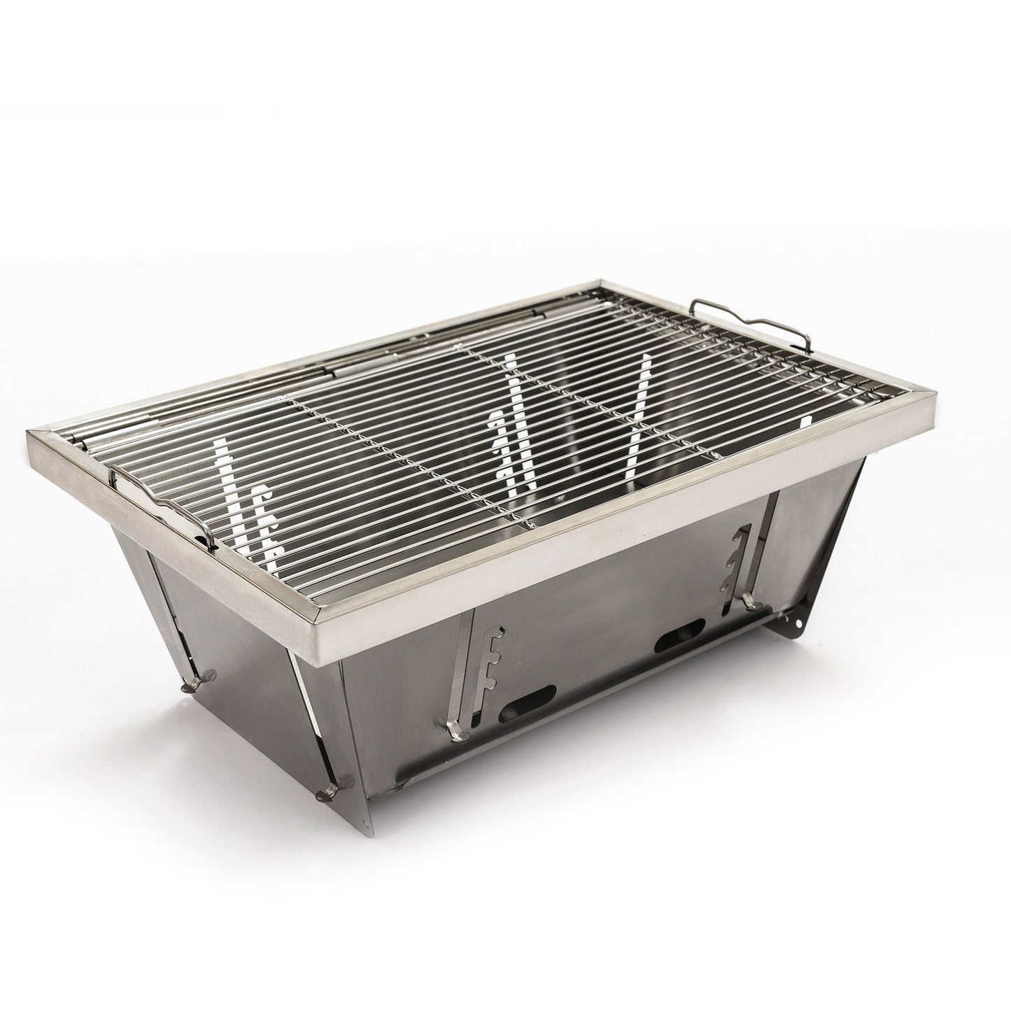 Folded portable charcoal barbecue grill with stainless steel grate and side handles on Tampa Home & Garden Store