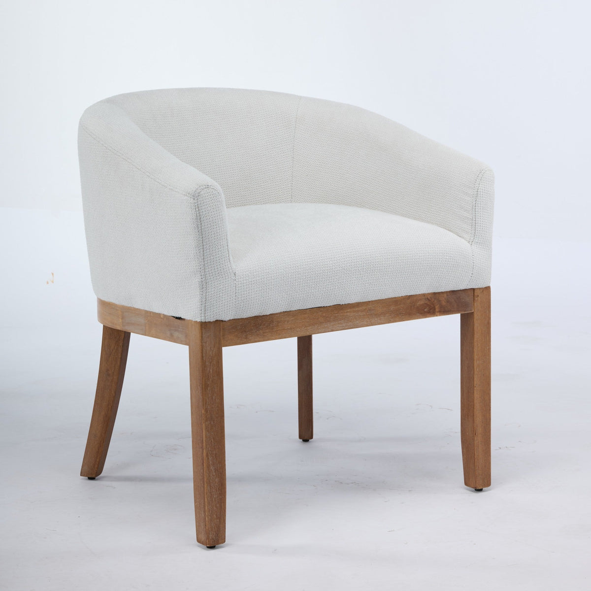 Mid Century Modern Upholstered Barrel Dining Chair with Arms beige fabric and wooden legs by HouseOfZazla on Tampa Home & Garden Store