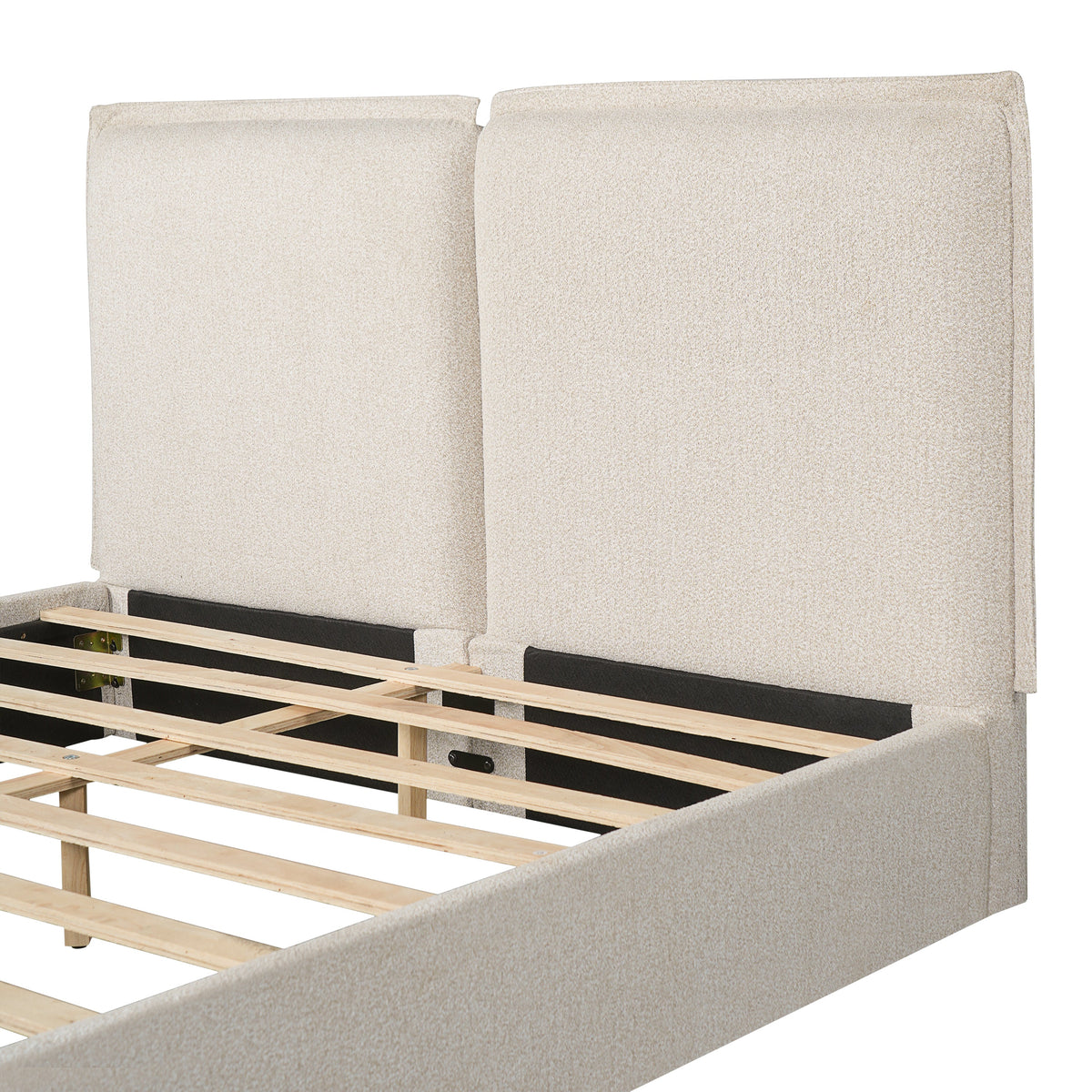 Double-Pillow upholstered beige bed frame with skin-friendly fabric and wooden slat base on Tampa Home & Garden Store