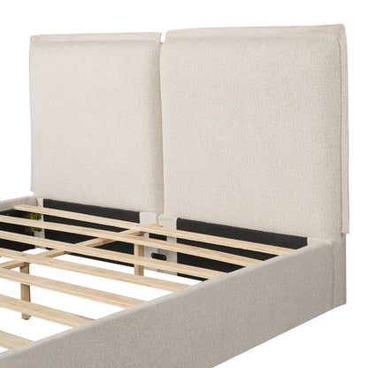 Double-Pillow upholstered beige bed frame with skin-friendly fabric and wooden slat base on Tampa Home & Garden Store