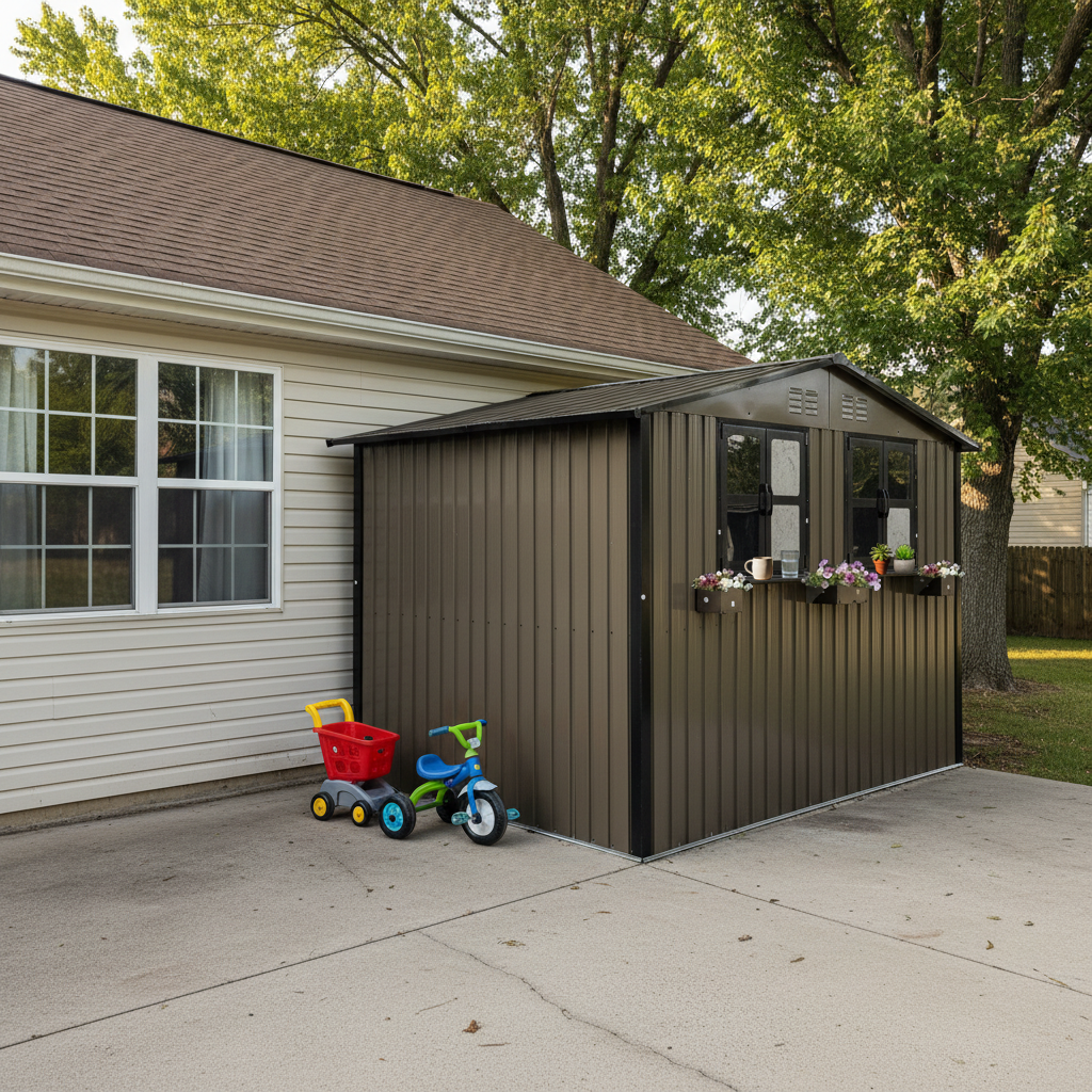 Outdoor Metal Storage Shed with Window and Rack