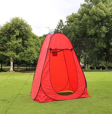 Red portable privacy camping tent by My Store with an open front door on green grass on Tampa Home & Garden Store
