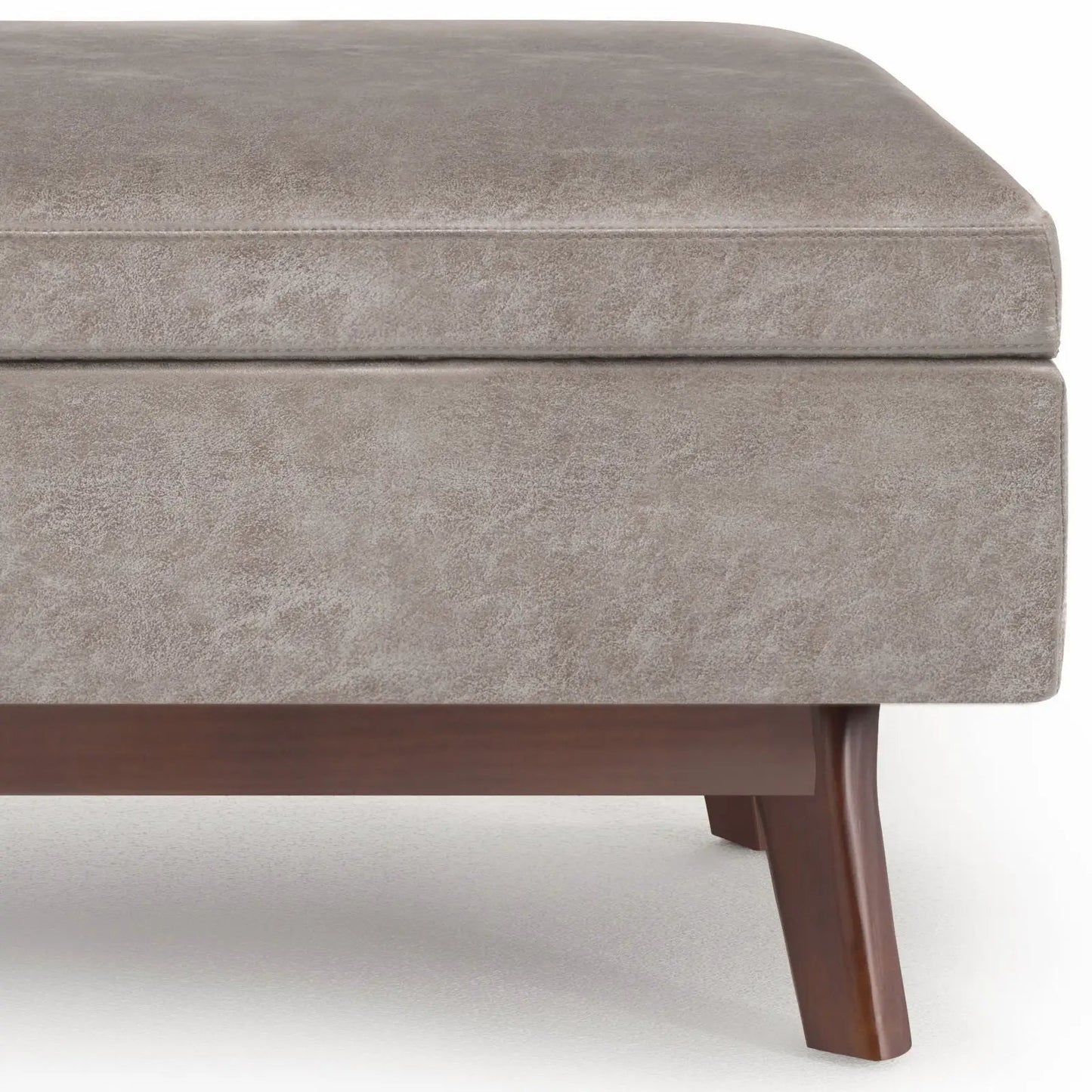 Owen Upholstered Rectangular Storage Ottoman in taupe fabric with brown wooden legs on Tampa Home & Garden Store