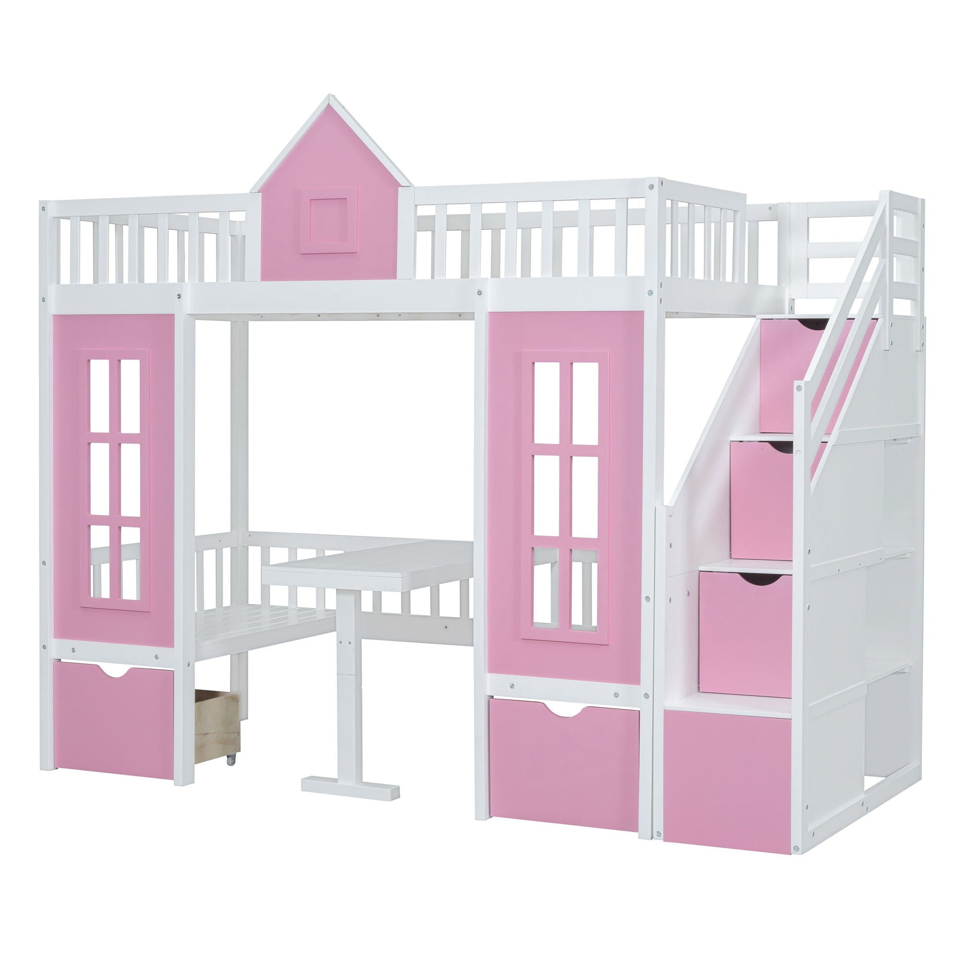 Twin Over Twin Bunk Bed with Changeable Table by HouseOfZazla, white frame with pink panels, on Tampa Home & Garden Store