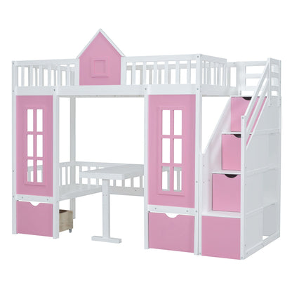 Twin Over Twin Bunk Bed with Changeable Table by HouseOfZazla, white frame with pink panels, on Tampa Home & Garden Store