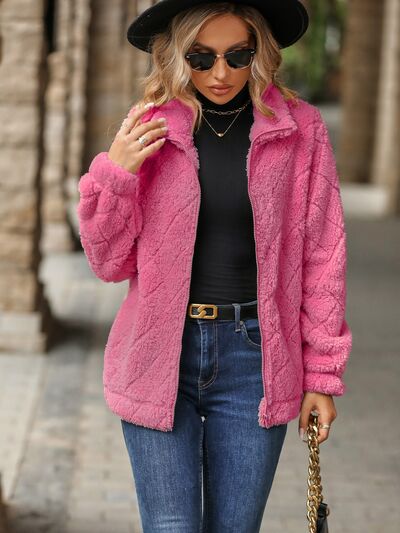 Stevvex women's fuzzy zip-up jacket with pockets in pink, soft fleece, long sleeves on Tampa Home & Garden Store
