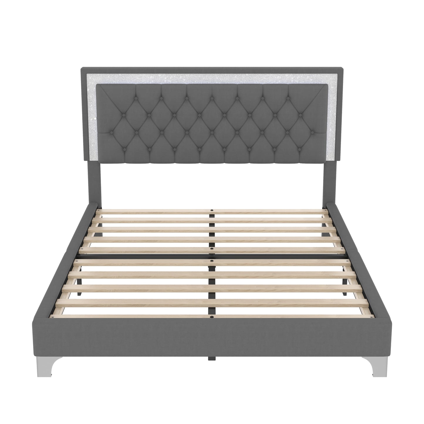 Queen size upholstered platform bed with tufted gray headboard and trim by HouseOfZazla on Tampa Home & Garden Store