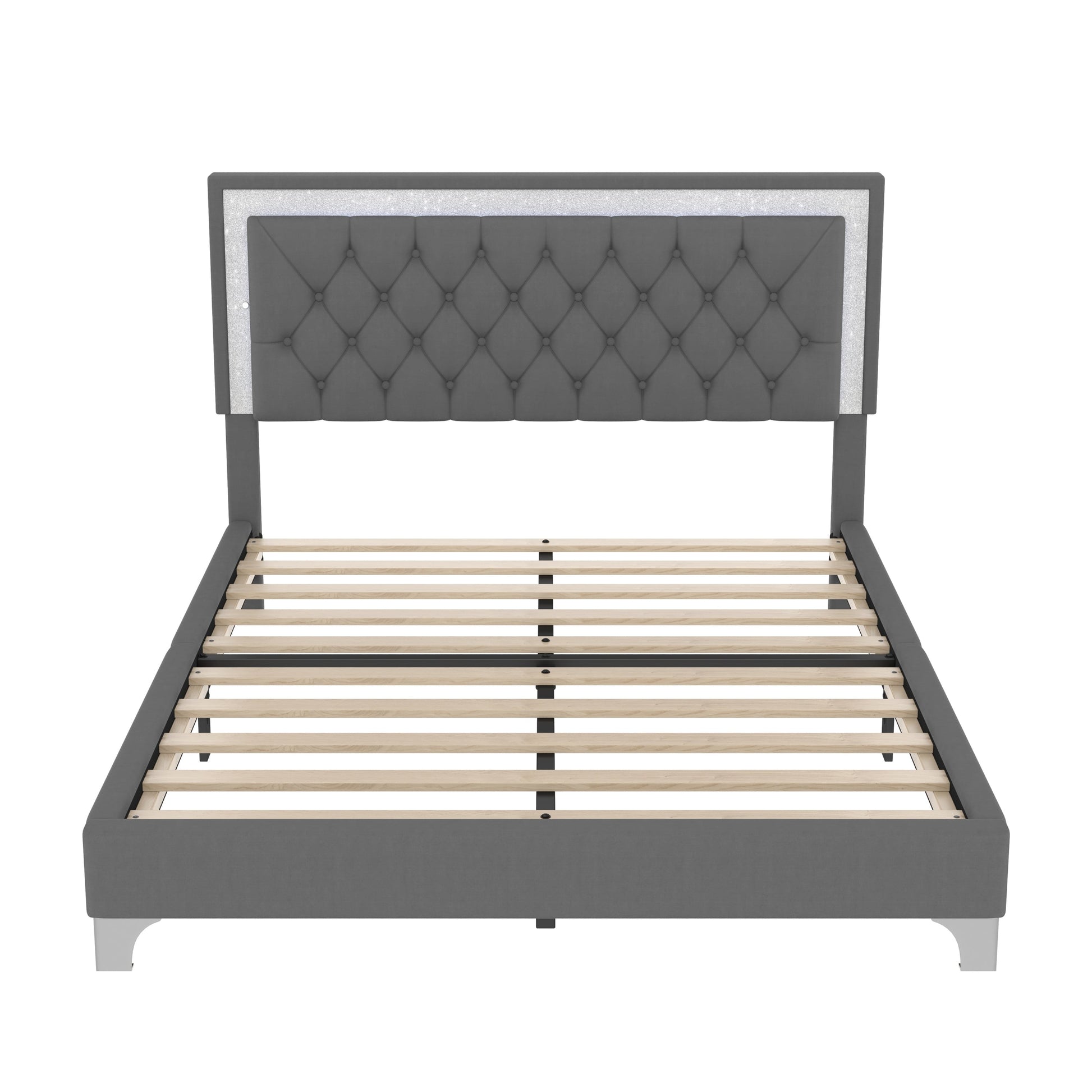 Queen size upholstered platform bed with tufted gray headboard and trim by HouseOfZazla on Tampa Home & Garden Store
