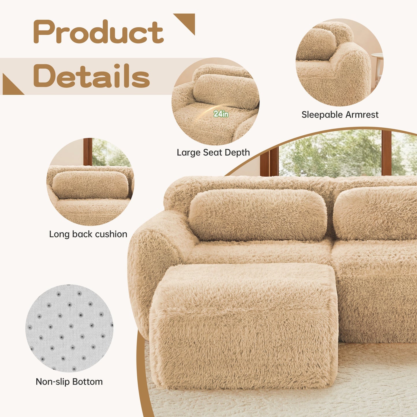 L-Shaped soft fluffy modular sectional sofa in beige plush fabric by HouseOfZazla on Tampa Home & Garden Store
