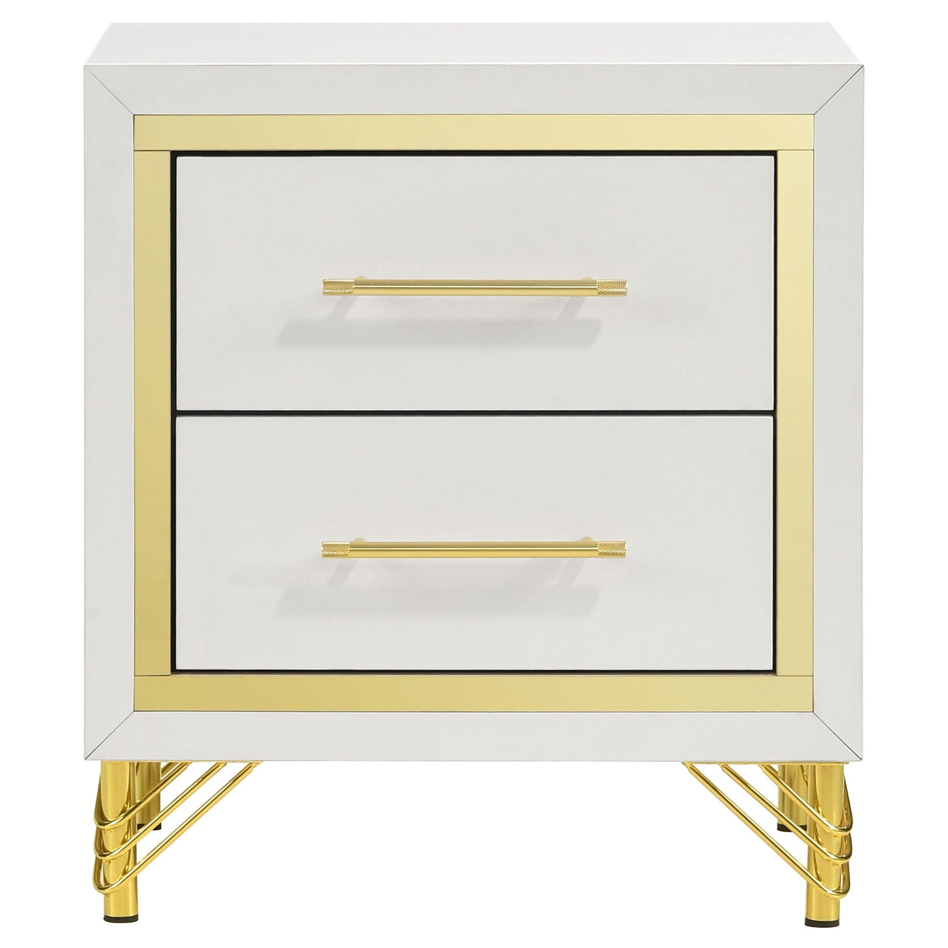 Malcolm mirrored nightstand by HouseOfZazla, gold trim, two drawers, gold metal legs on Tampa Home & Garden Store