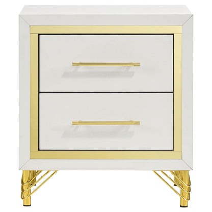 Malcolm mirrored nightstand by HouseOfZazla, gold trim, two drawers, gold metal legs on Tampa Home & Garden Store