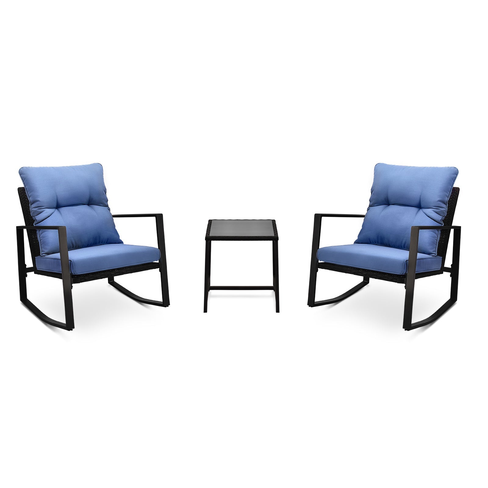 3-piece patio rocking chair set with blue cushions and black frames plus a small table on Tampa Home & Garden Store
