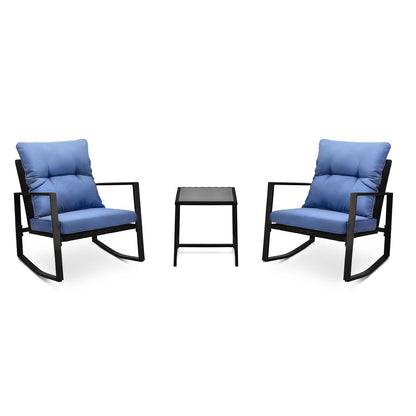 3-piece patio rocking chair set with blue cushions and black frames plus a small table on Tampa Home & Garden Store