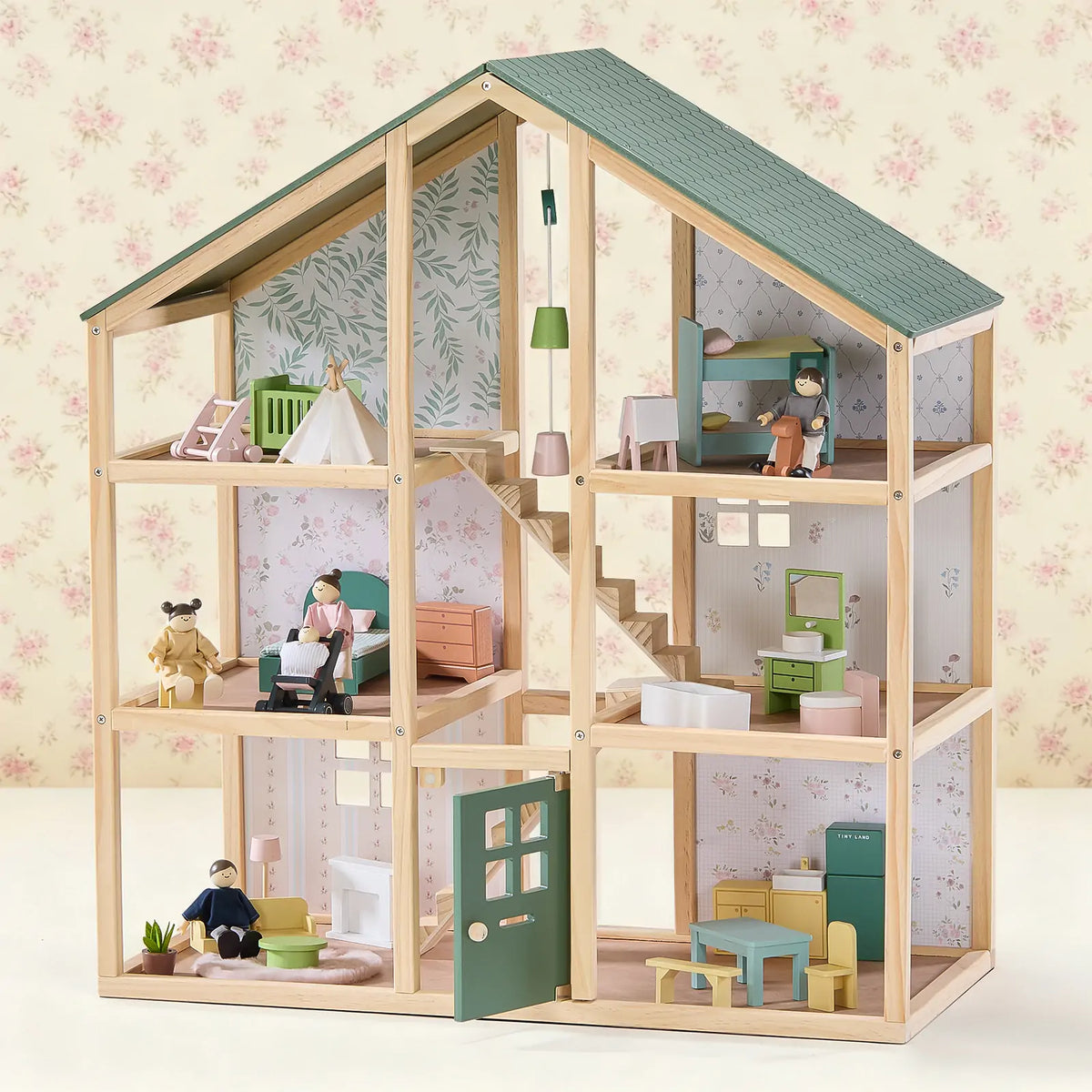 Tiny Land Sweetwood Evergreen Dollhouse wooden dollhouse with green roof and miniature dolls on Tampa Home & Garden Store