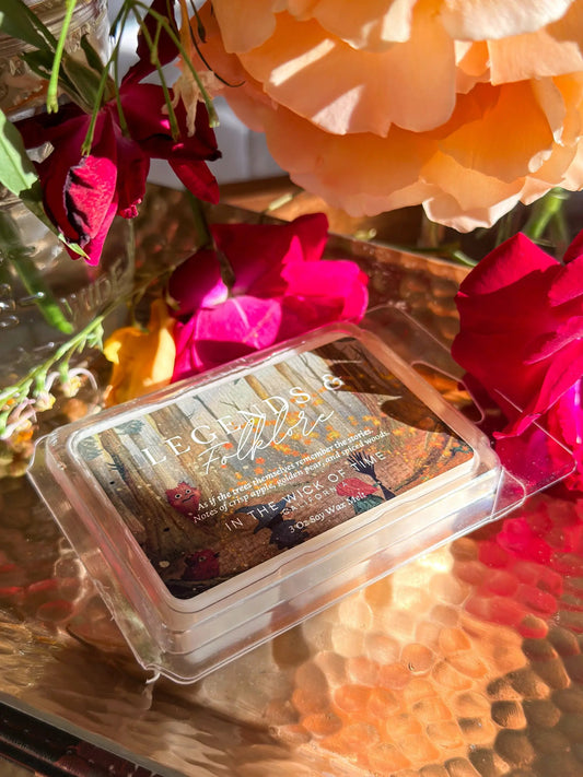 Wax melt Legends & Folklore by In the Wick of Time, crisp apple orange scent, clear clamshell on Tampa Home & Garden Store