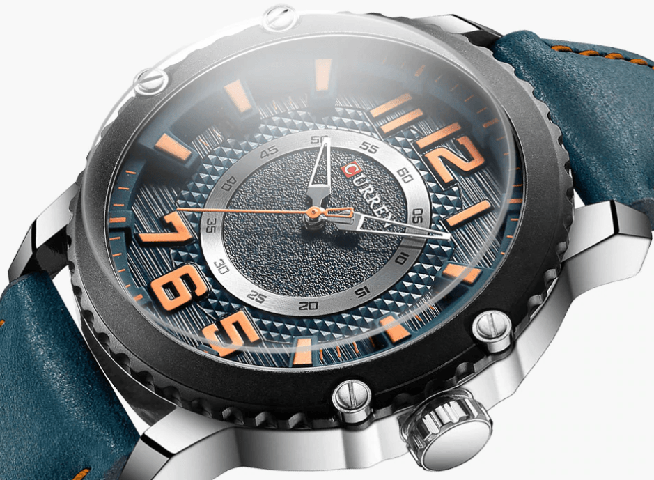 Men's sport watch Stevvex ST1CU4000MKZ with blue leather strap orange numerals waterproof on Tampa Home & Garden Store