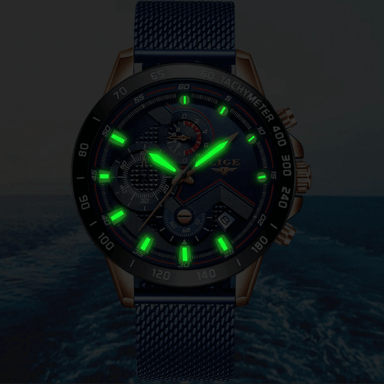 Men's sports waterproof watch with stainless steel bracelet blue mesh band Stevvex on Tampa Home & Garden Store
