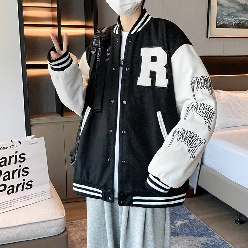 Stevvex bomber jacket ST93357OPH black varsity with white sleeves and large R patch on Tampa Home & Garden Store