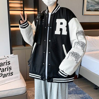 Stevvex bomber jacket ST93357OPH black varsity with white sleeves and large R patch on Tampa Home & Garden Store