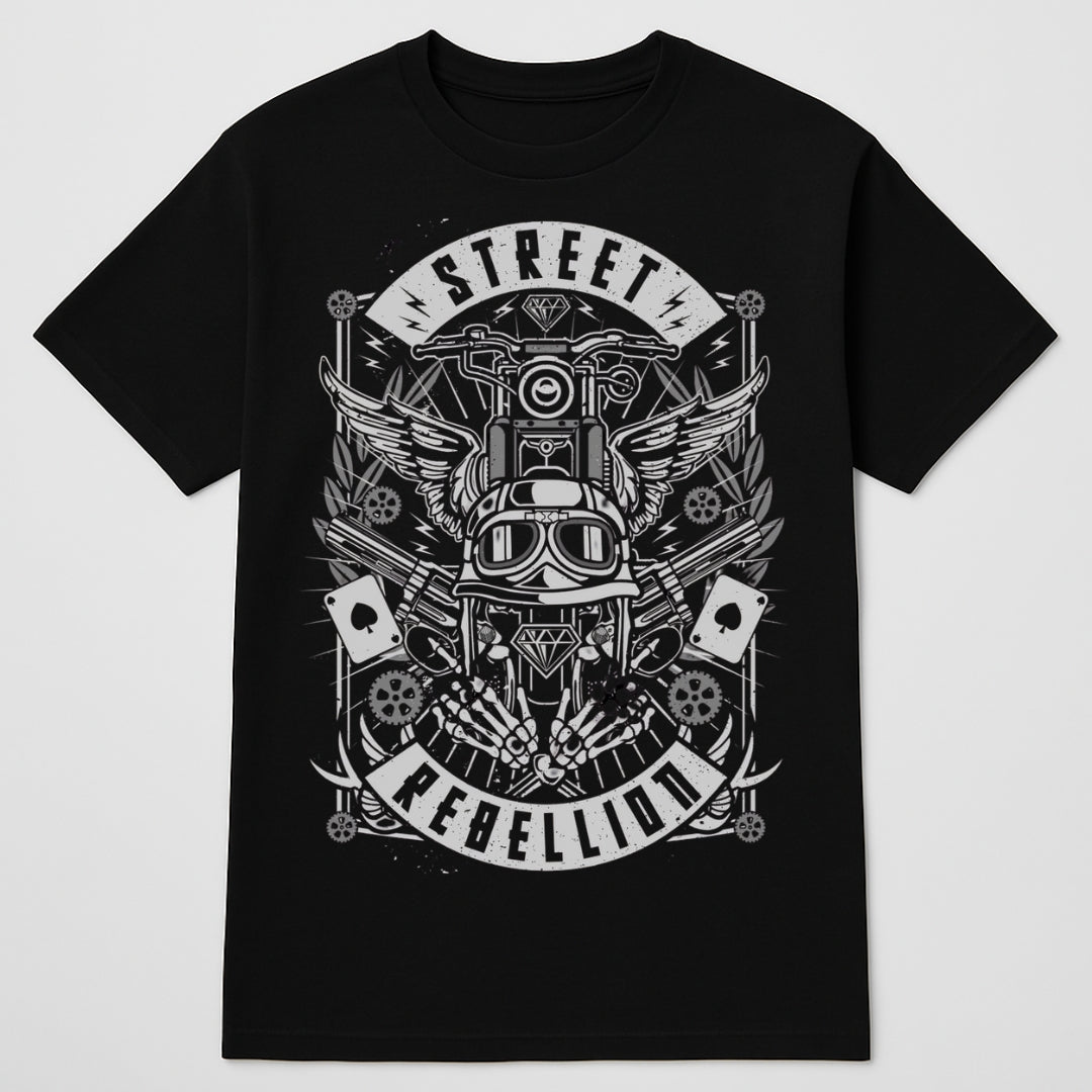 Biker Designed T-shirt by BikerZoneZ in black with gray street rebellion motorcycle graphic on Tampa Home & Garden Store
