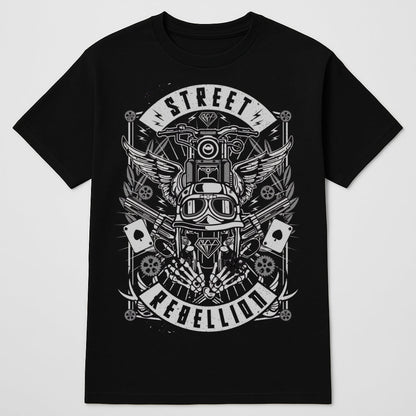 Biker Designed T-shirt by BikerZoneZ in black with gray street rebellion motorcycle graphic on Tampa Home & Garden Store
