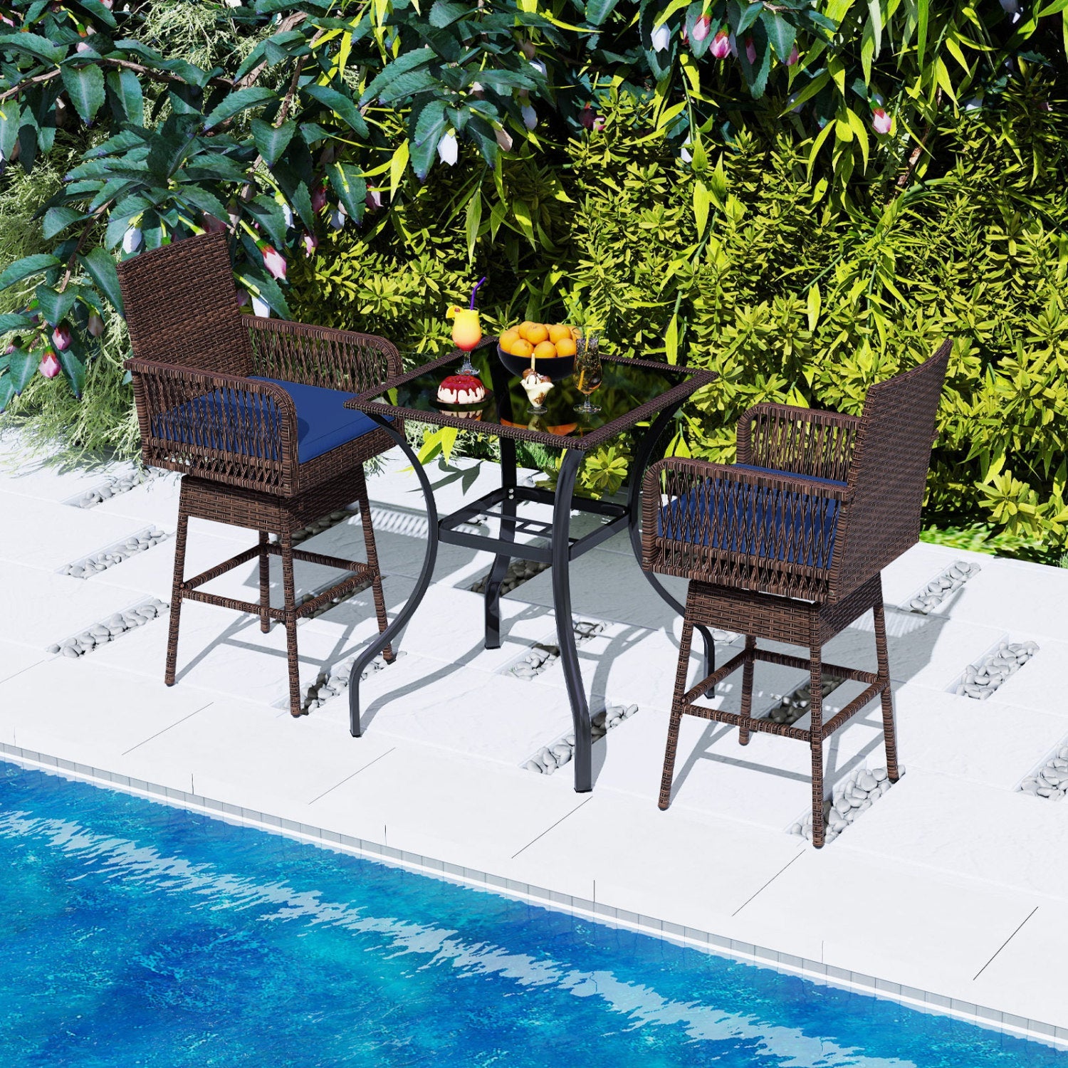 360° Swivel Bar Stool 29in with blue cushion, brown wicker, DirectDeals, pair by pool on Tampa Home & Garden Store