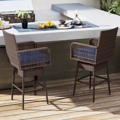 DirectDeals 360° Swivel Bar Stool 29in wicker with blue cushion armrests pair for outdoor counter on Tampa Home & Garden Store