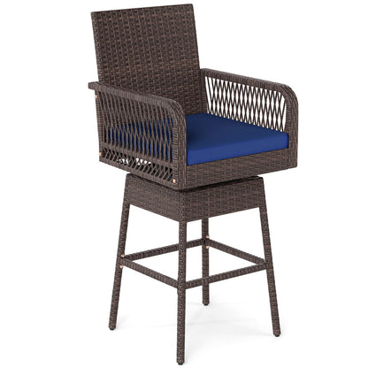 360° Swivel Bar Stool with armrests, brown wicker frame and blue cushion DirectDeals on Tampa Home & Garden Store