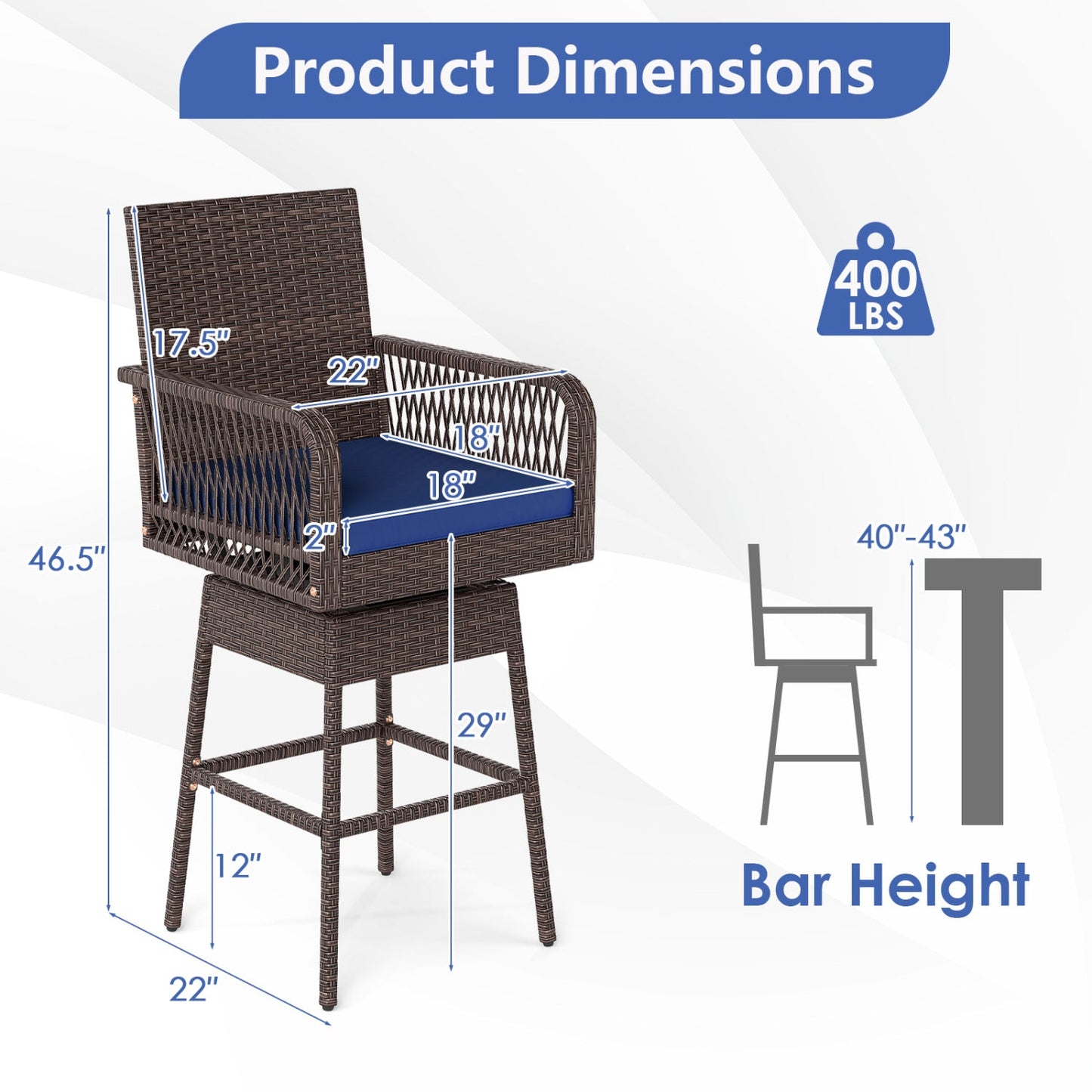 360° Swivel Bar Stool 29in DirectDeals brown wicker frame with blue cushion and armrests on Tampa Home & Garden Store