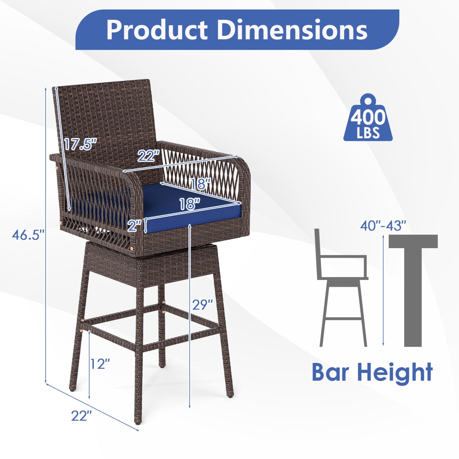 360° Swivel Bar Stool 29in DirectDeals brown wicker frame with blue cushion and armrests on Tampa Home & Garden Store