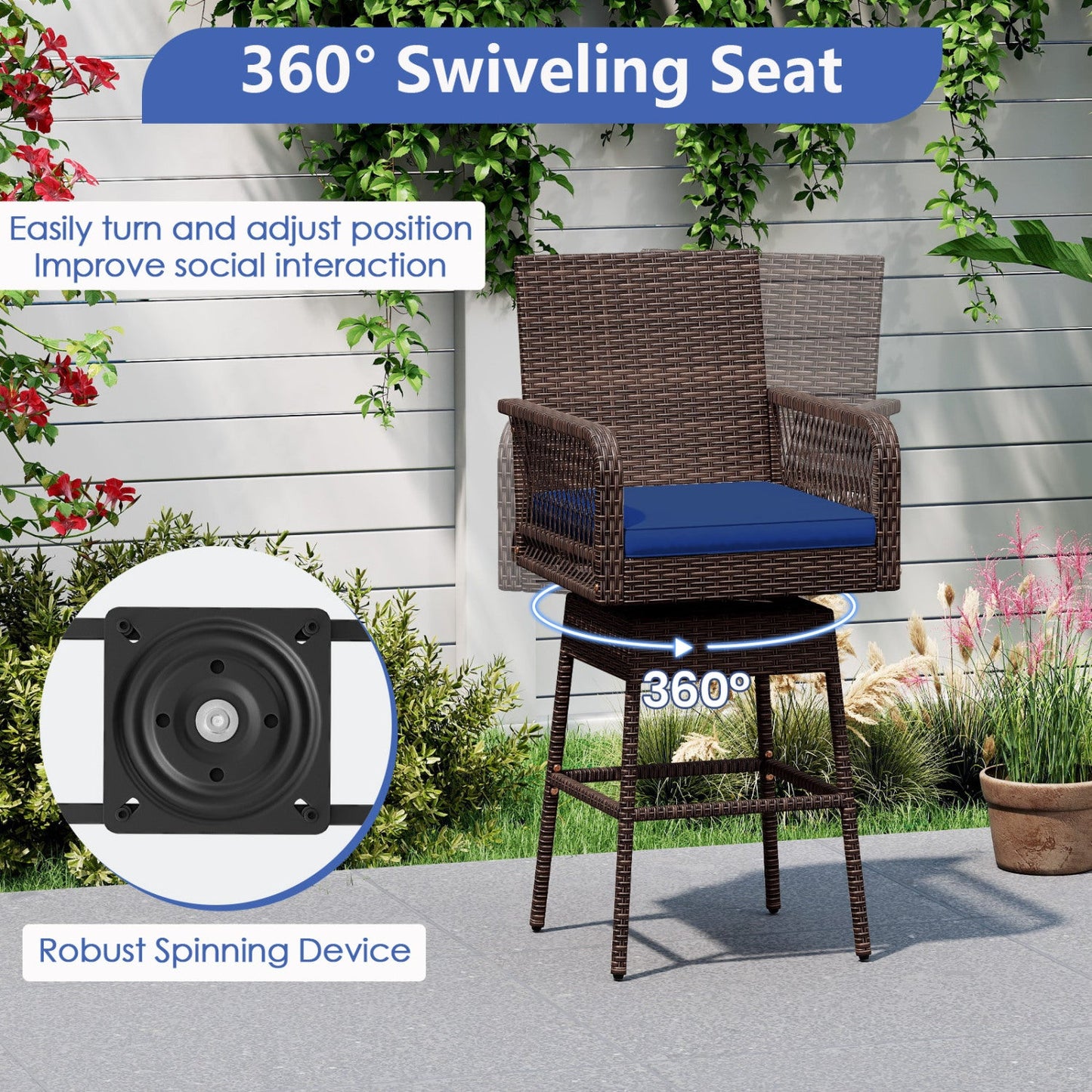 DirectDeals 360° Swivel Bar Stool 29-inch brown wicker with blue cushion on Tampa Home & Garden Store