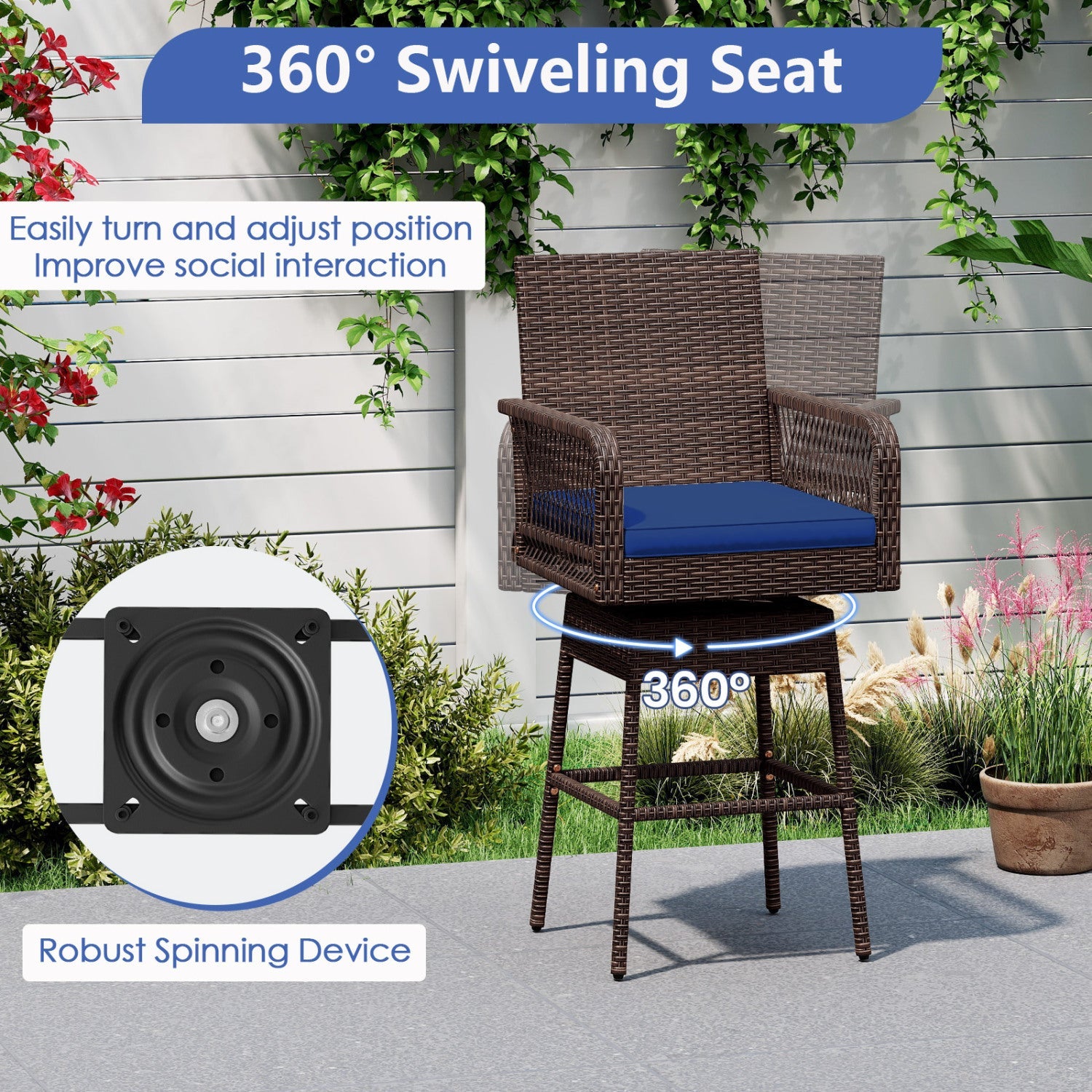 DirectDeals 360° Swivel Bar Stool 29-inch brown wicker with blue cushion on Tampa Home & Garden Store