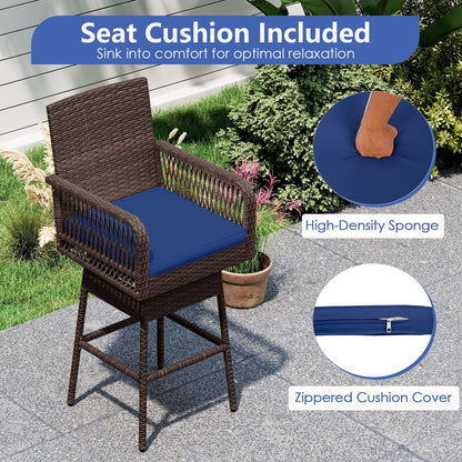 DirectDeals 360° Swivel Bar Stool 29 in height with blue cushion and wicker armrests for outdoor patio on Tampa Home & Garden Store