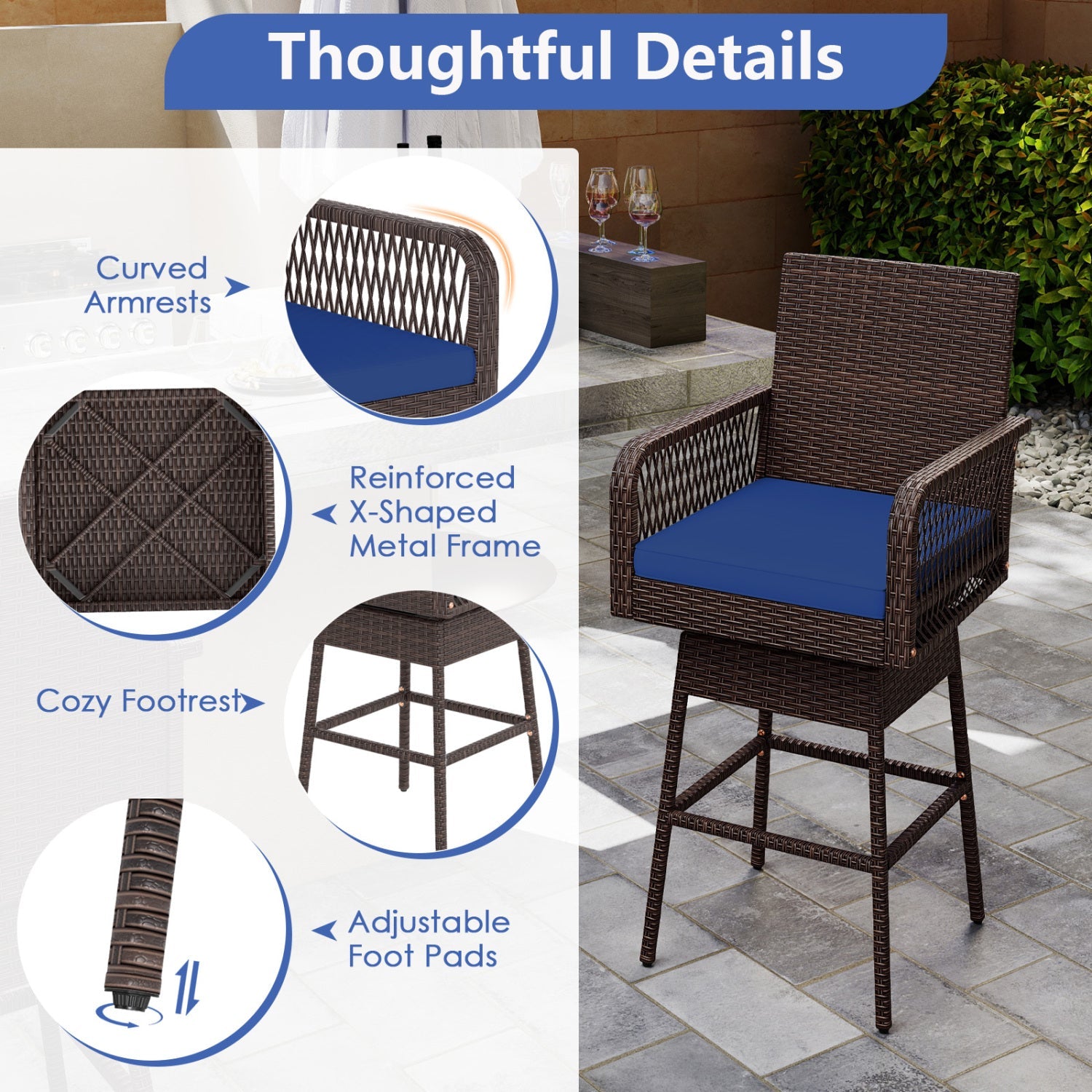 DirectDeals 360° Swivel Bar Stool 29in with blue cushion, brown wicker frame for outdoor patio seating on Tampa Home & Garden Store